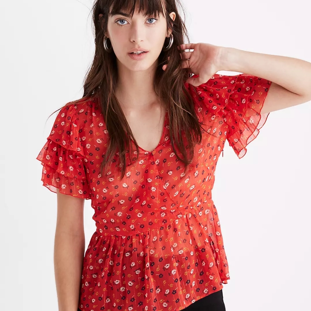 Madewell Tiered-Sleeve Peplum Top in Metallic Prairie Posies Size 12